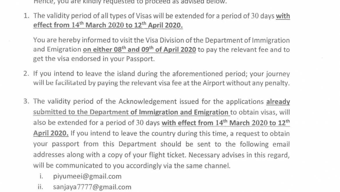 Special Notice Extension of Sri Lank Visa