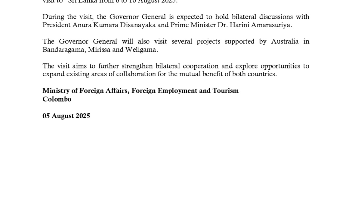 Governor General of Australia Samantha Joy Mostyn to visit Sri Lanka